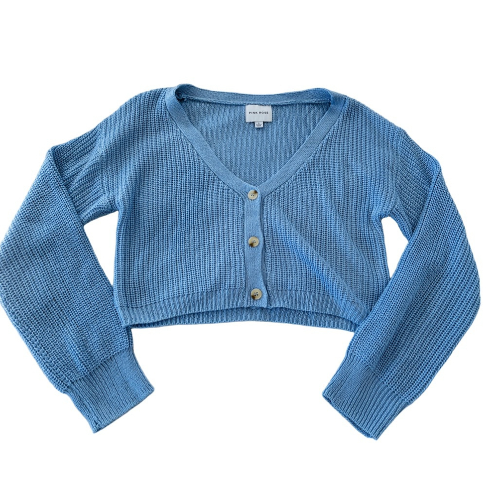 PINK ROSE Blue Cropped Cardigan Sweater women L